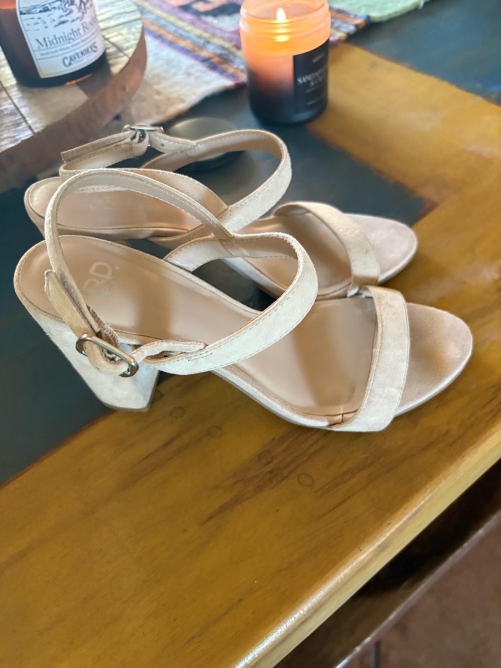 bp Neutral Beige Suede Block Heel Sandals - Picture 4 of 7